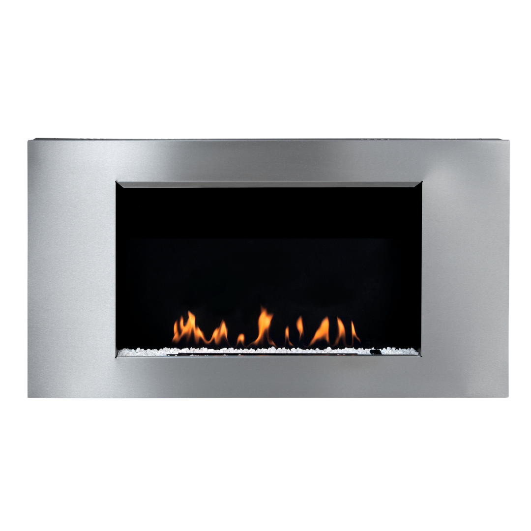 A wall-mounted silver fireplace with a visible flame.