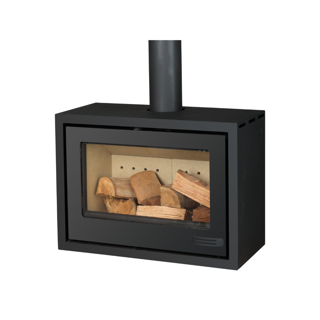 A single-sided freestanding convection fireplace with visible wood storage inside, through a glass door, with a black finish.