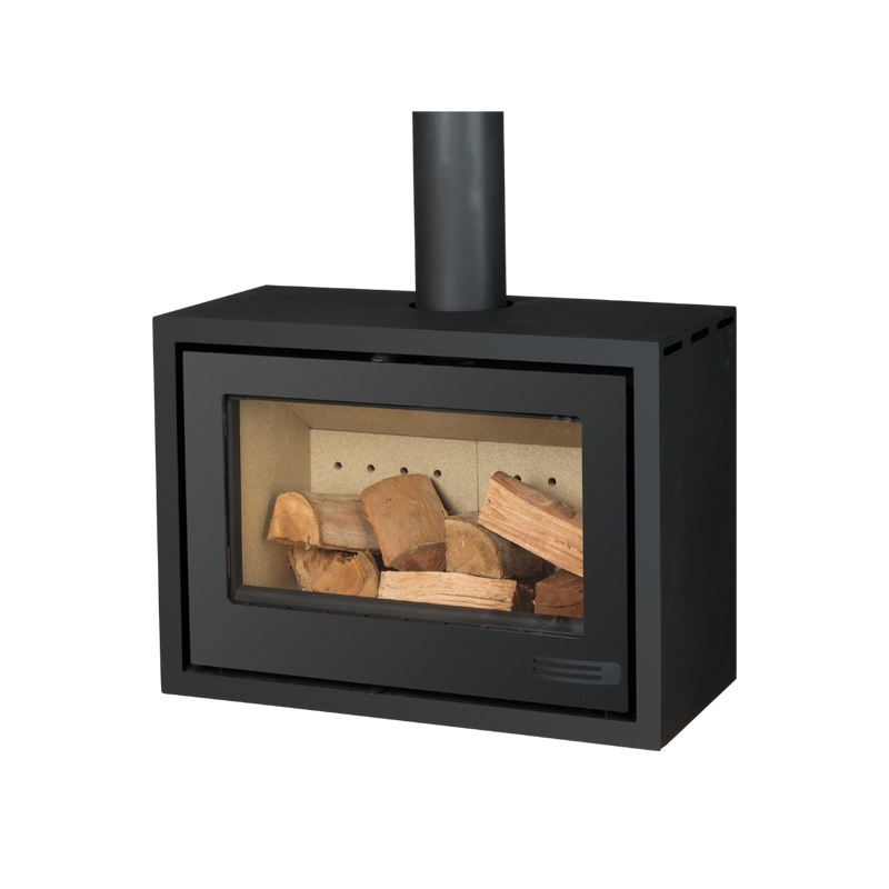 A single-sided freestanding convection fireplace with visible wood storage inside, through a glass door, with a black finish.