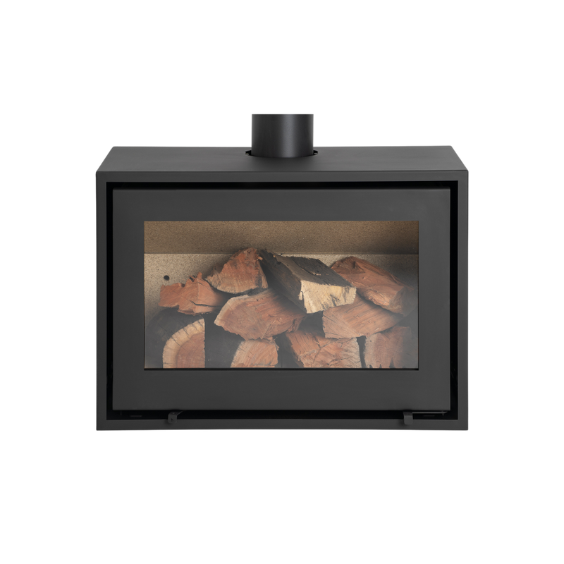 A single-sided convection fireplace with a visible wood storage compartment on top, predominantly black in color.