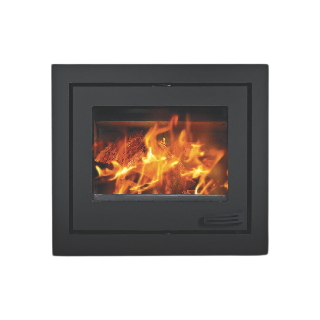 A compact single-sided wood-burning stove with a visible fire through the glass door, steel frame, and a dark exterior.