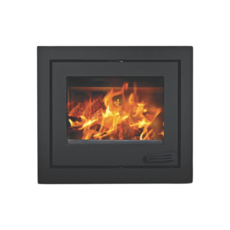 A compact single-sided wood-burning stove with a visible fire through the glass door, steel frame, and a dark exterior.