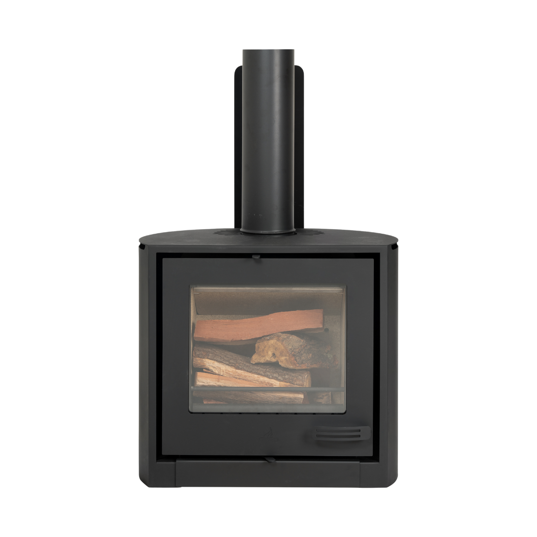 A black, wall-mounted electric fireplace with visible logs in the firebox and a mantel on top.