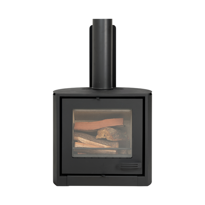 A black, wall-mounted electric fireplace with visible logs in the firebox and a mantel on top.