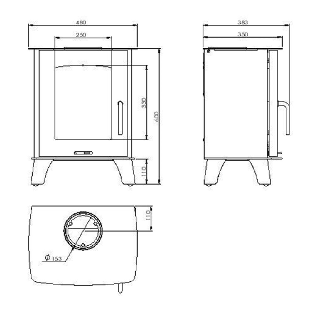 Installation dimensions and flue position for the Canature Deco Mini CWF3