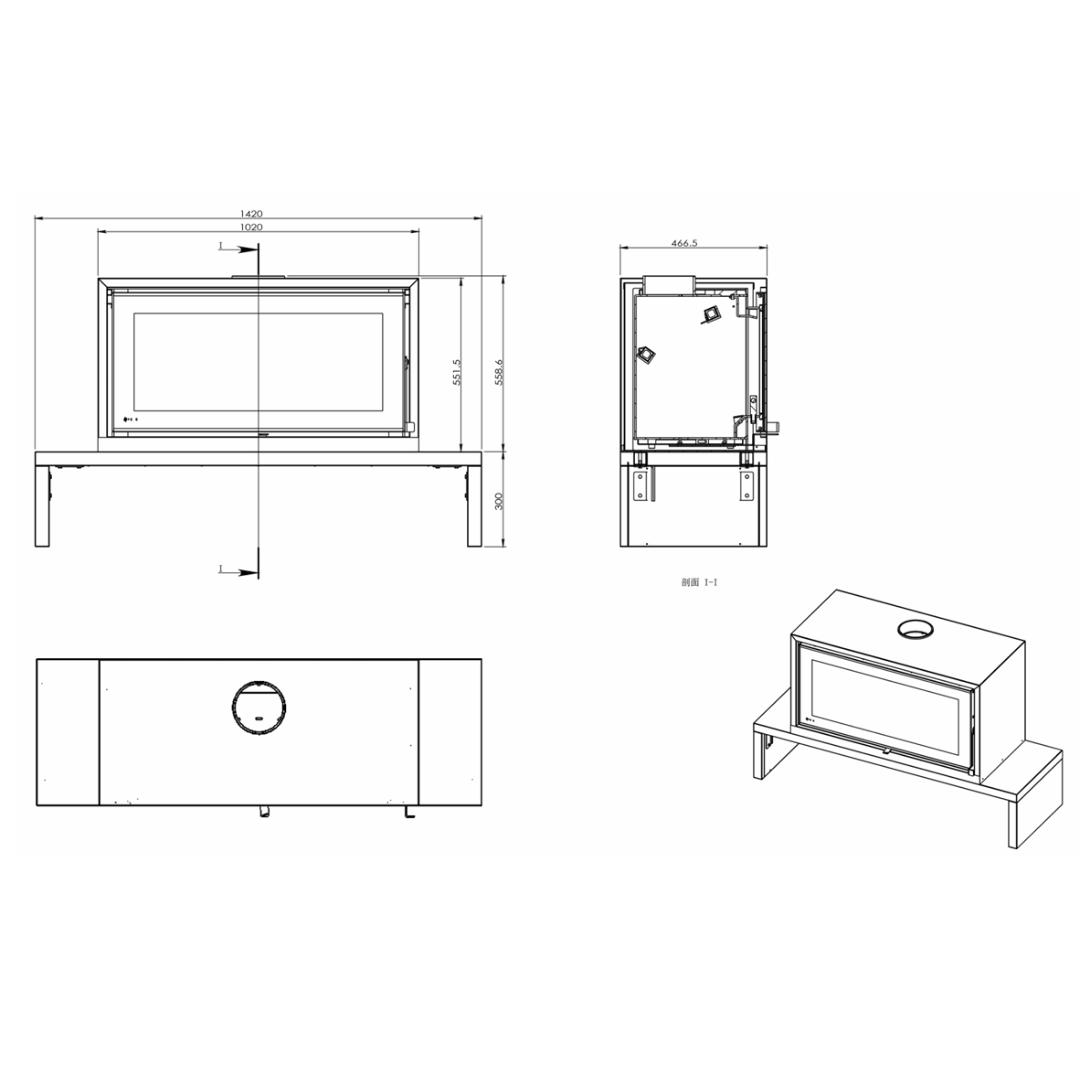 Canature P10 freestanding fireplace diagram, dimensions and clearances.