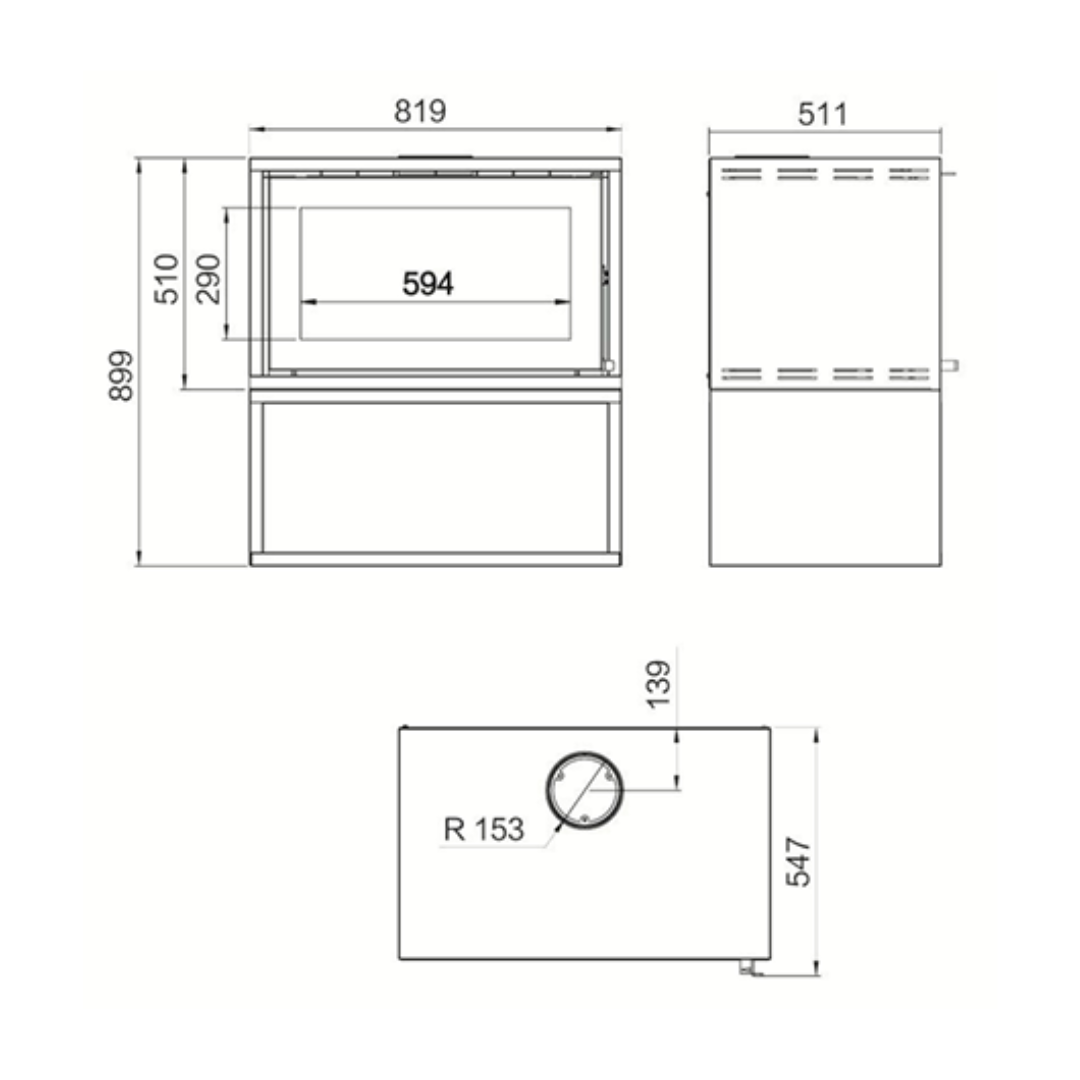Canature Taurus P3 F freestanding wood stove technical diagram with dimensions