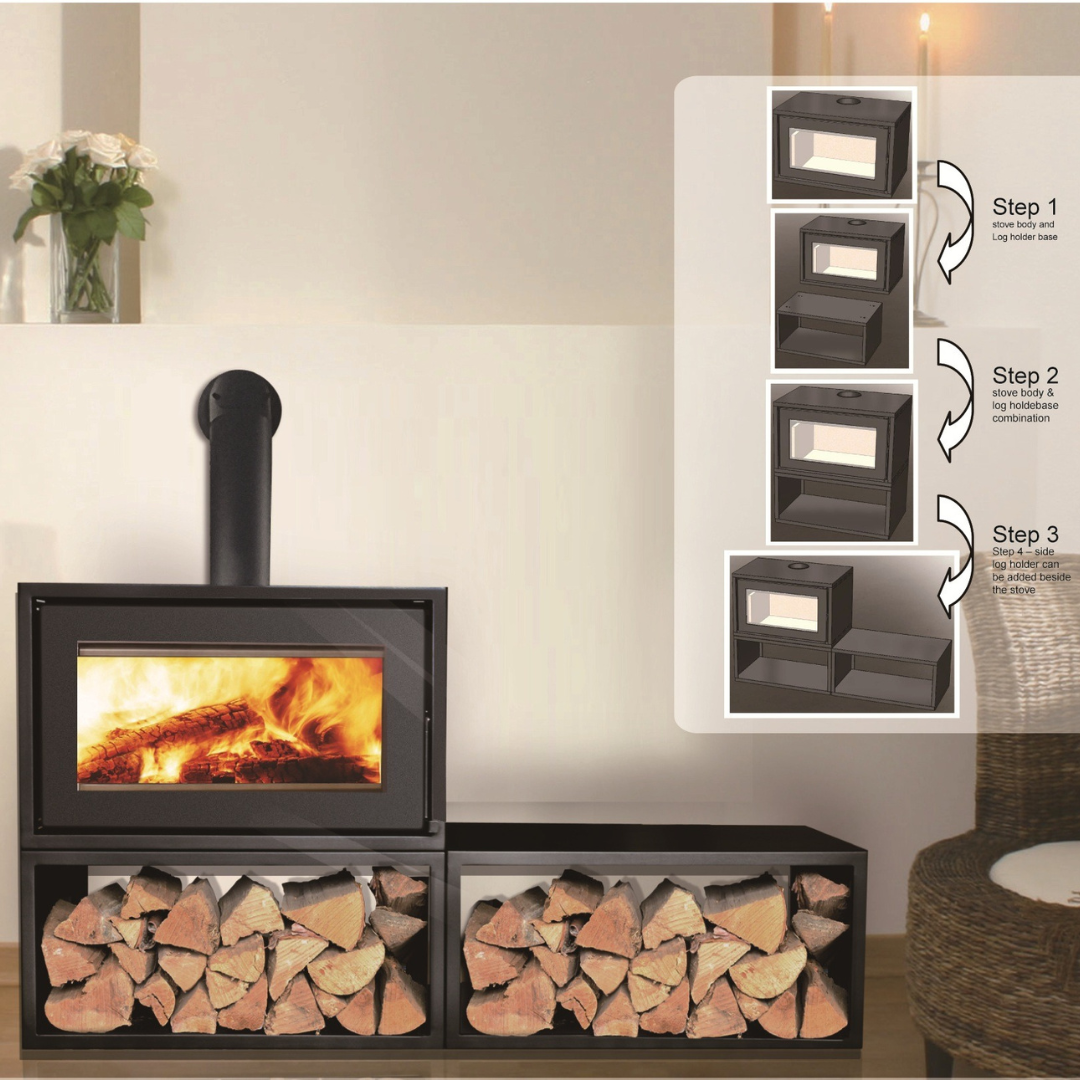 A black freestanding wood stove with a visible fire compartment and log storage beneath. Includes inset images showing steps for loading wood into the storage compartment.