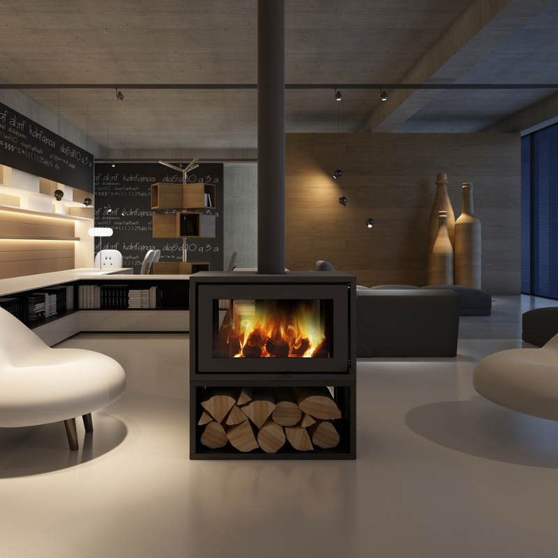 Modern freestanding wood stove with a visible firebox and log holder, placed in a contemporary room with concrete walls and white furniture.