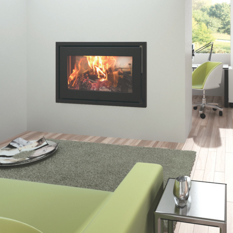 A black fireplace insert with visible flames, set within a modern living room setting.