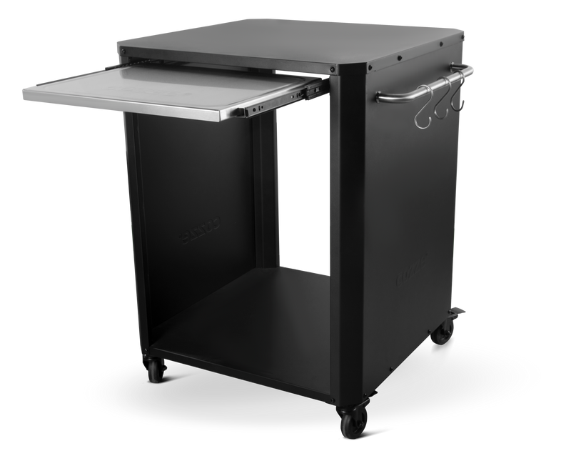 A black outdoor table with a stainless steel top and a trolley base.