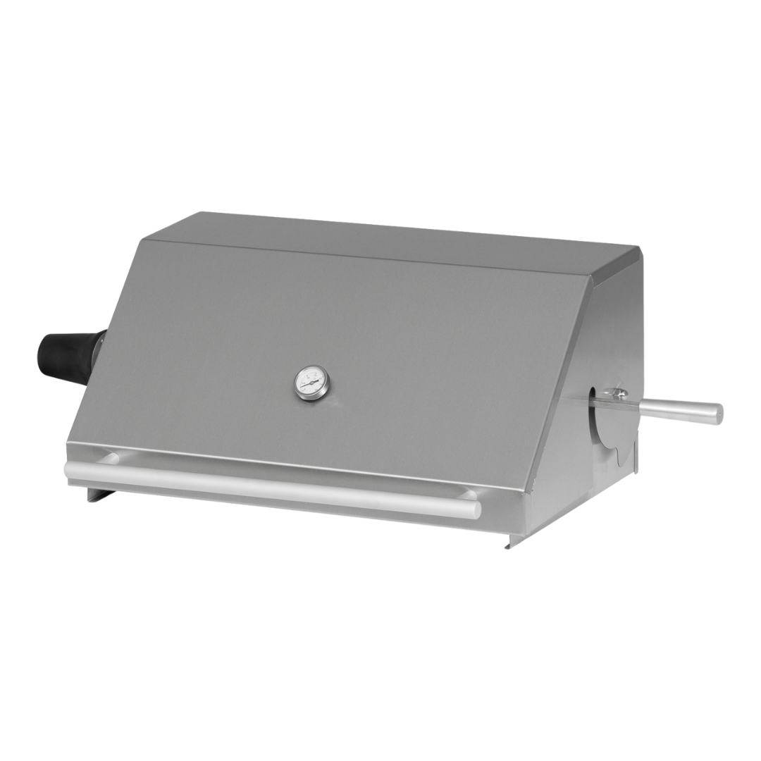 A gray rotisserie dome accessory for a 3-burner gas braai grill.