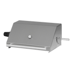 A gray rotisserie dome accessory for a 3-burner gas braai grill.