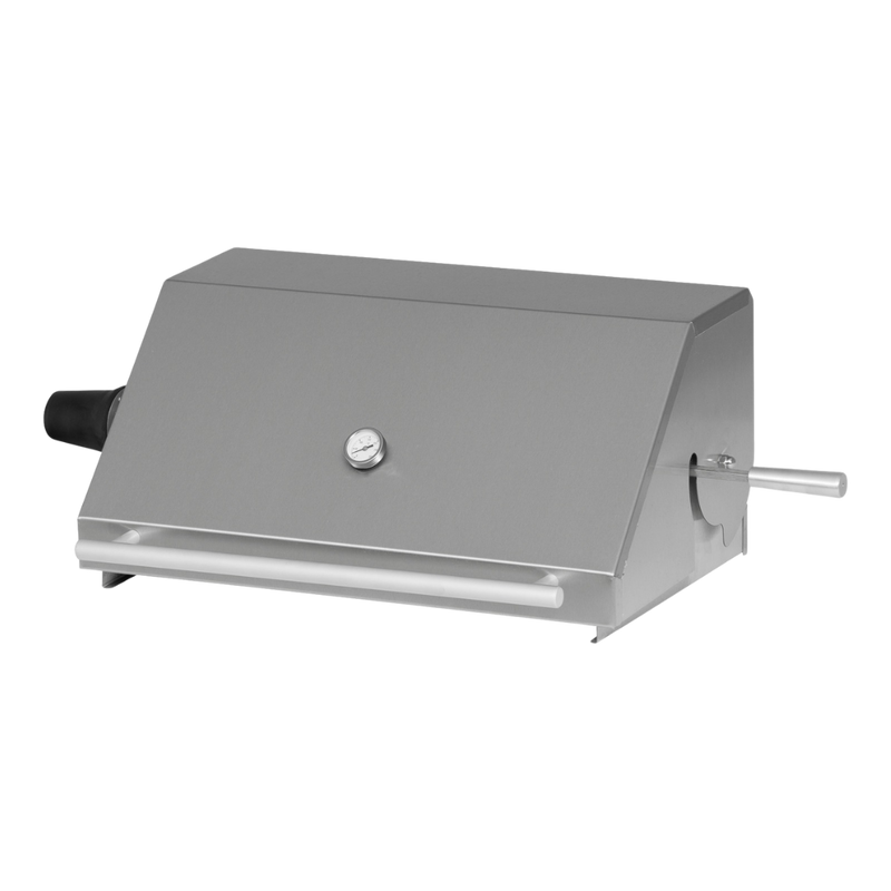 A gray rotisserie dome accessory for a 3-burner gas braai grill.