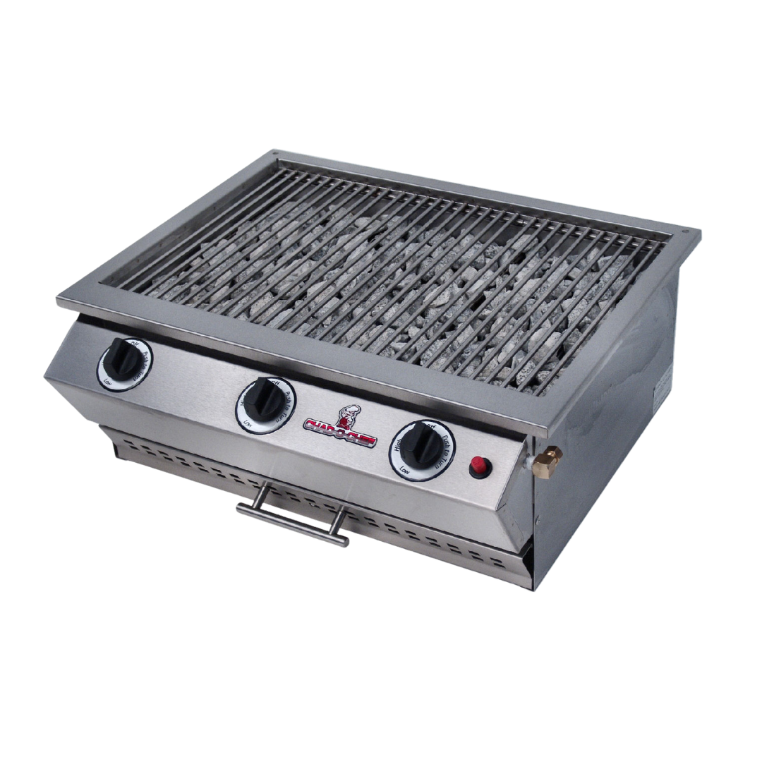 A silver CHAD-O-CHEF 3 burner sizzler gas grill with control knobs and a cooking surface.