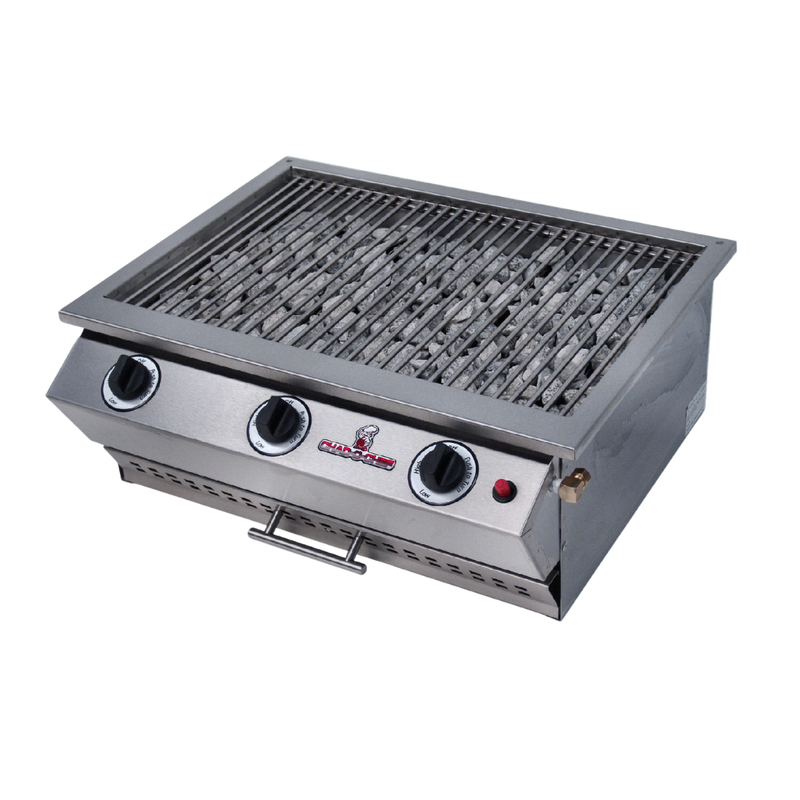 A silver CHAD-O-CHEF 3 burner sizzler gas grill with control knobs and a cooking surface.