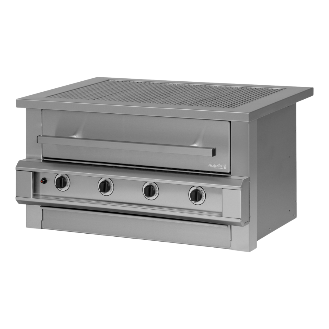 A silver CHAD-O-CHEF 4 burner hybrid braai, which is a type of outdoor grill.
