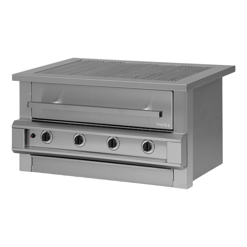A silver CHAD-O-CHEF 4 burner hybrid braai, which is a type of outdoor grill.