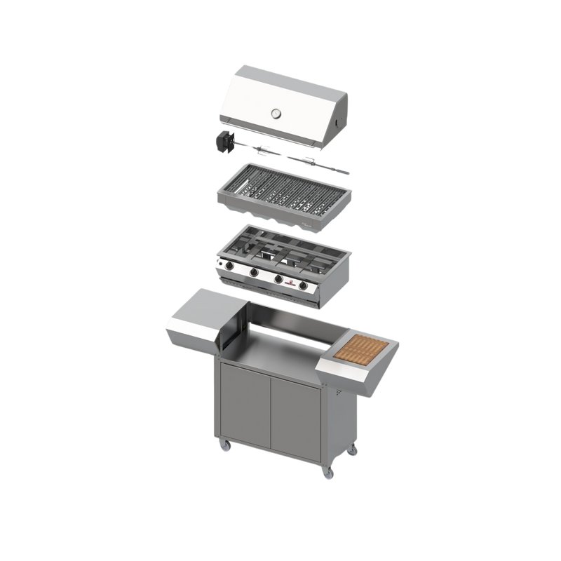 A 4 burner mobile gas grill made of high-grade stainless steel, including a reversible wooden prep board and a two-door cabinet for housing the gas bottle, on top of rubberized castor wheels for mobility.