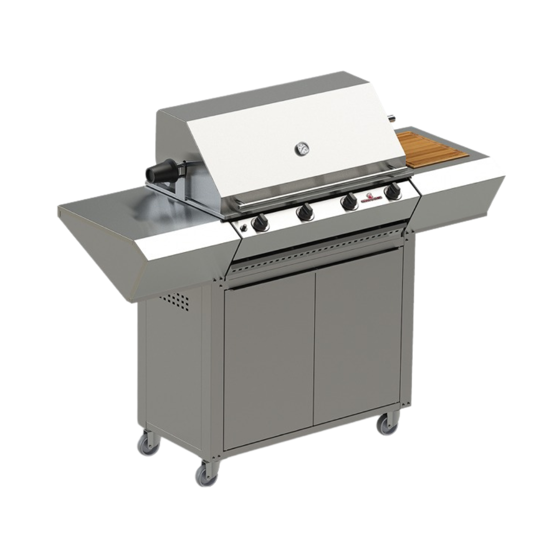 A mobile gas grill with a stainless steel body, featuring four burners, a准备board, and wheels for mobility.