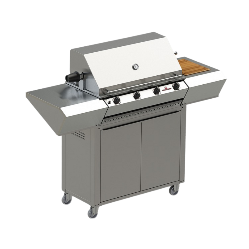 A mobile gas grill with a stainless steel body, featuring four burners, a准备board, and wheels for mobility.