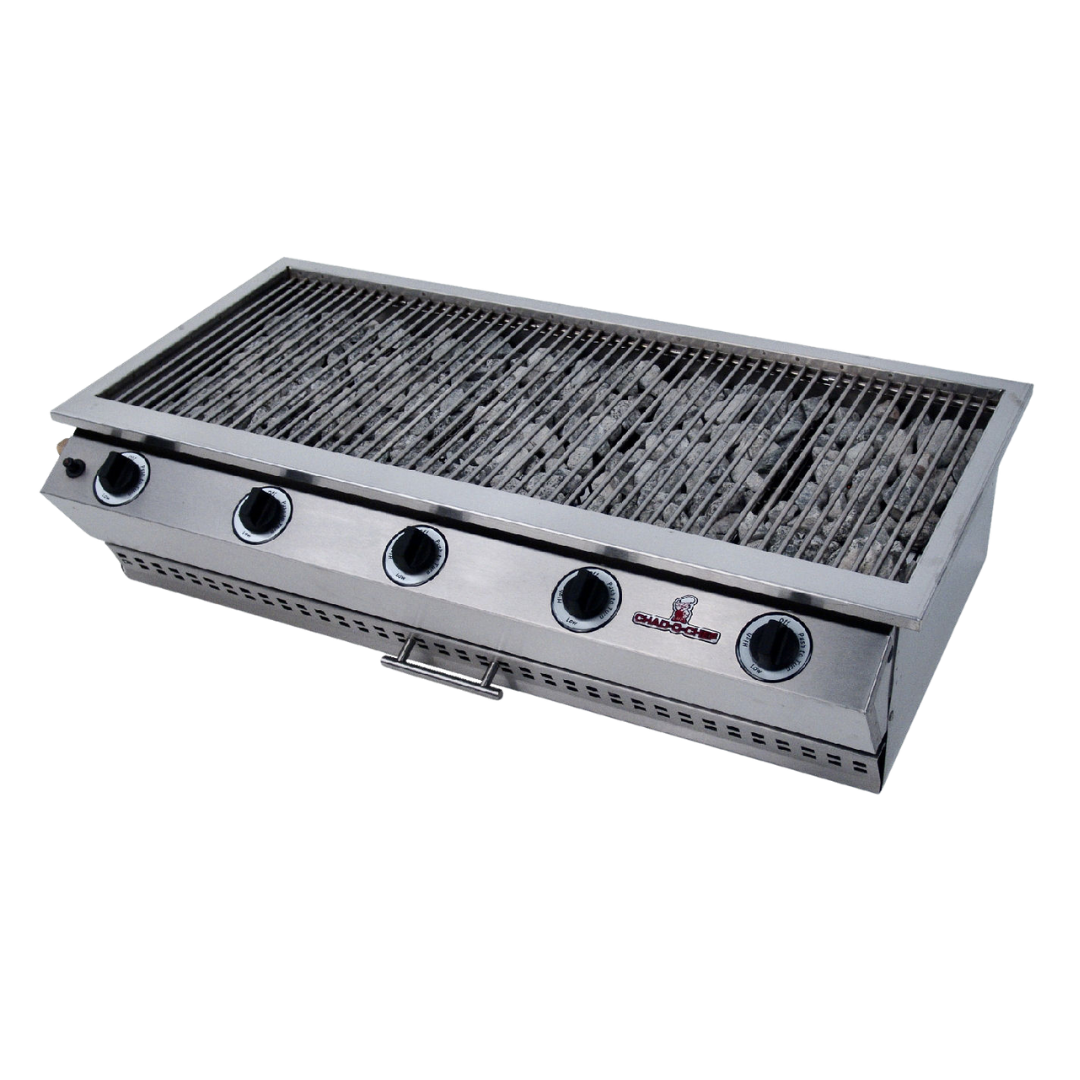 A stainless steel CHAD-O-CHEF 5 burner sizzler gas grill with ribbed cooking surface.