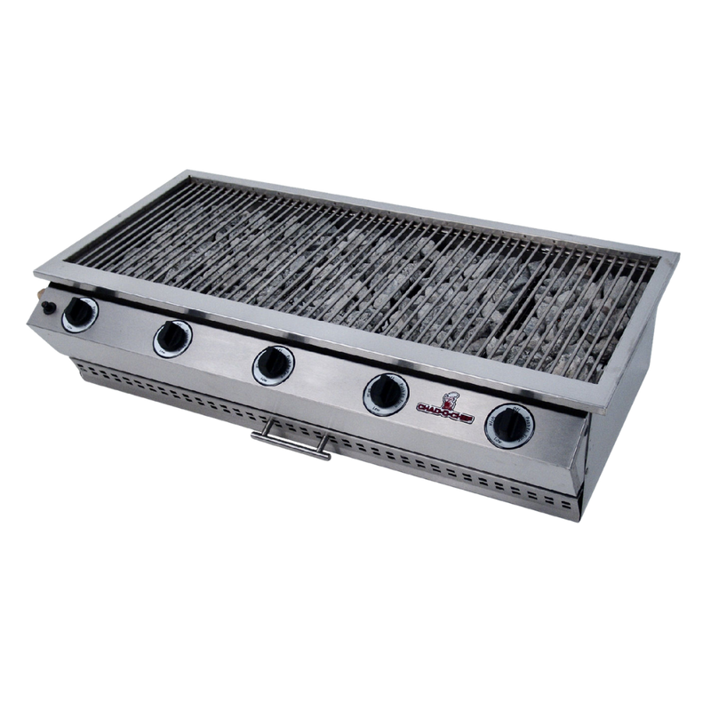 A stainless steel CHAD-O-CHEF 5 burner sizzler gas grill with ribbed cooking surface.