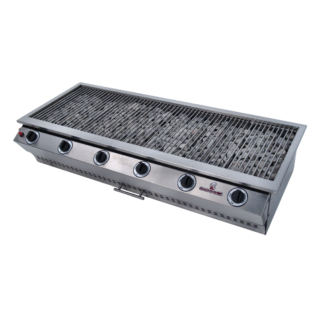 A CHAD-O-CHEF 6 burner sizzler gas grill made of high-quality stainless steel, with a closed lid, designed for outdoor cooking.