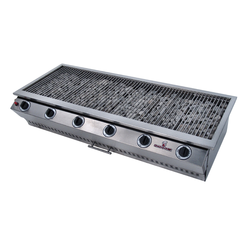 A CHAD-O-CHEF 6 burner sizzler gas grill made of high-quality stainless steel, with a closed lid, designed for outdoor cooking.