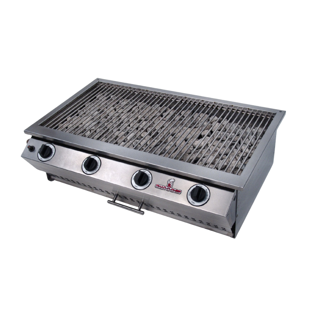 A stainless steel CHAD-O-CHEF 4 burner sizzler gas grill with ribbed cooking surface.