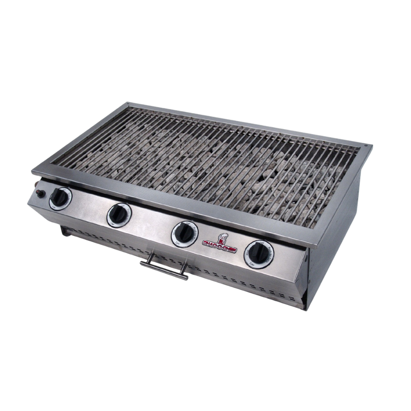 A stainless steel CHAD-O-CHEF 4 burner sizzler gas grill with ribbed cooking surface.