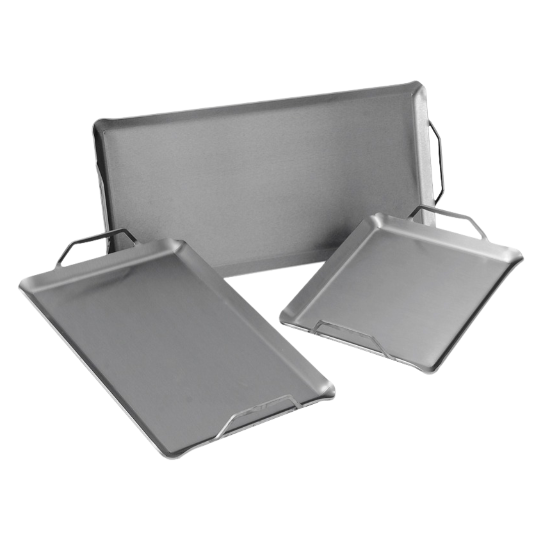 A set of three stainless steel Chad-O-Chef stir-fry pans of varying sizes with handles.