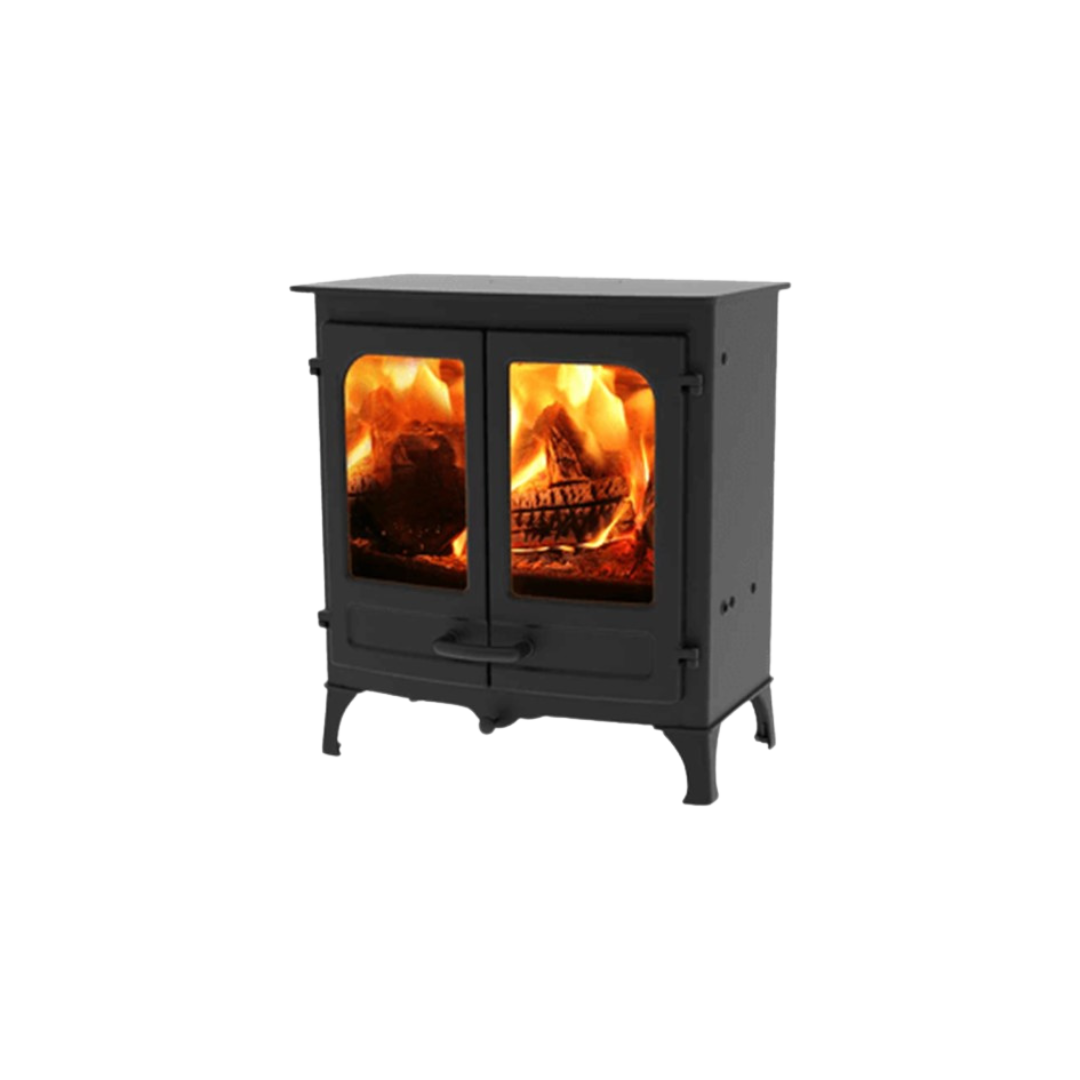 A black CHARNWOOD ISLAND 2 wood stove with visible fire through the glass doors.