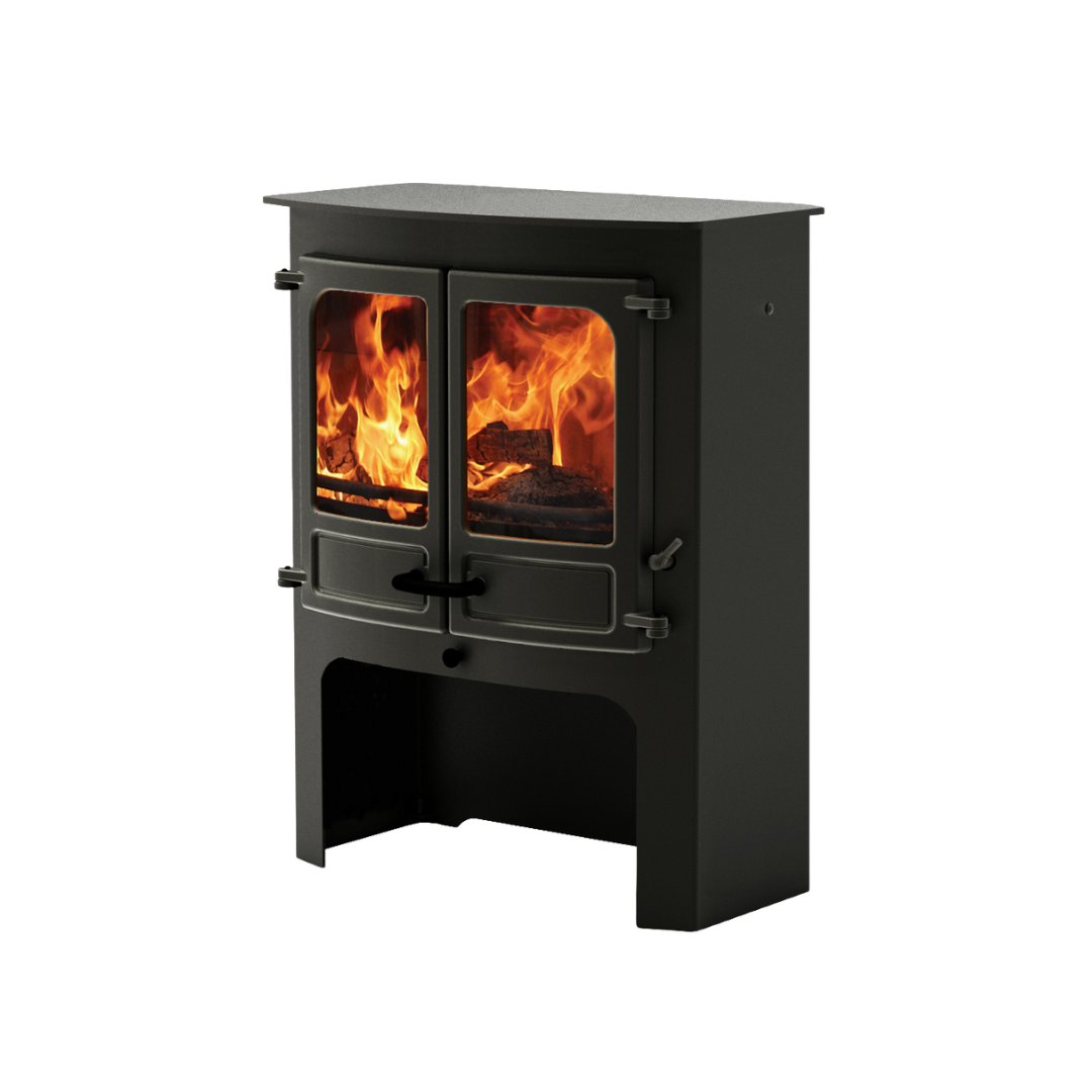 A black CHARNWOOD ISLAND 3 wood stove with visible flames through the glass doors, mounted on a stand.