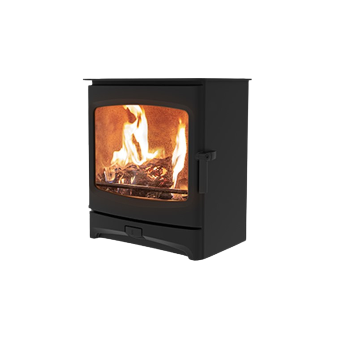 A freestanding wood-burning stove with a visible fire through the glass door.