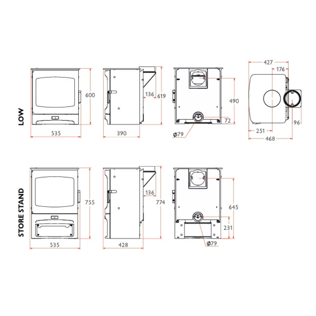 Charnwood Aire 7 wood stove technical diagram with measurements