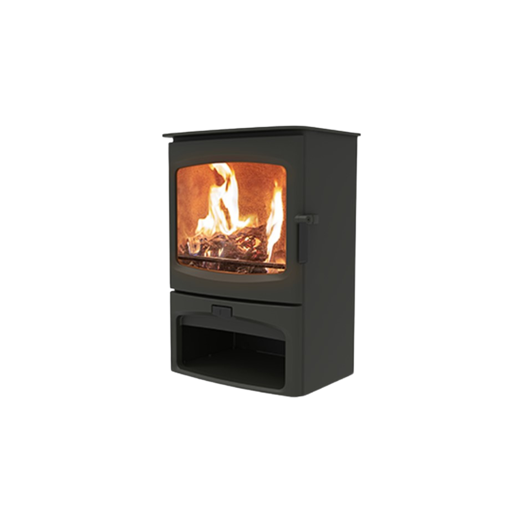 A freestanding black wood-burning stove with visible flames from the glass front.
