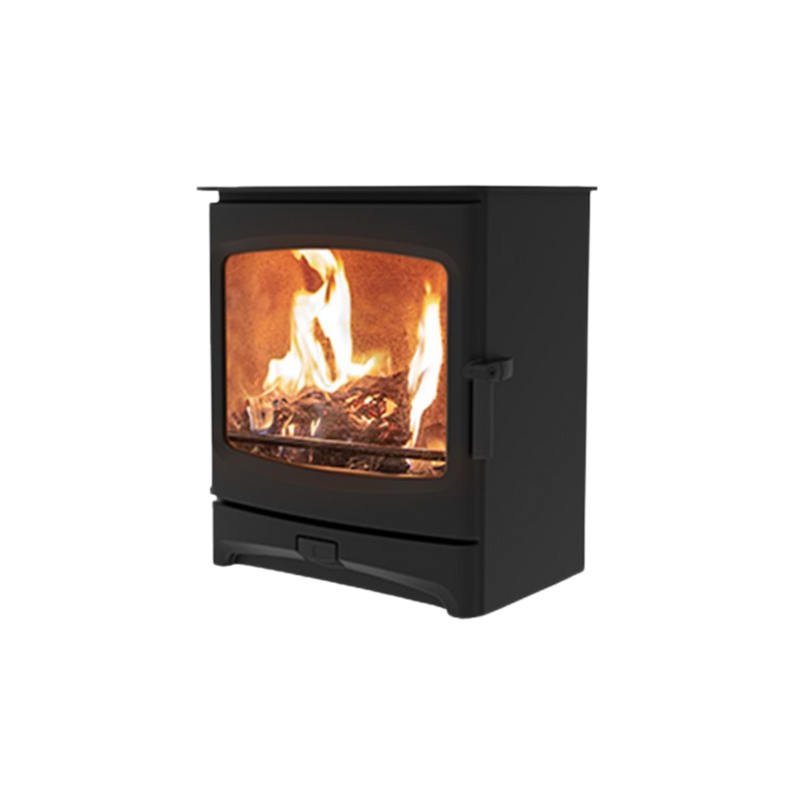 A freestanding wood-burning stove with a visible fire through the glass door.