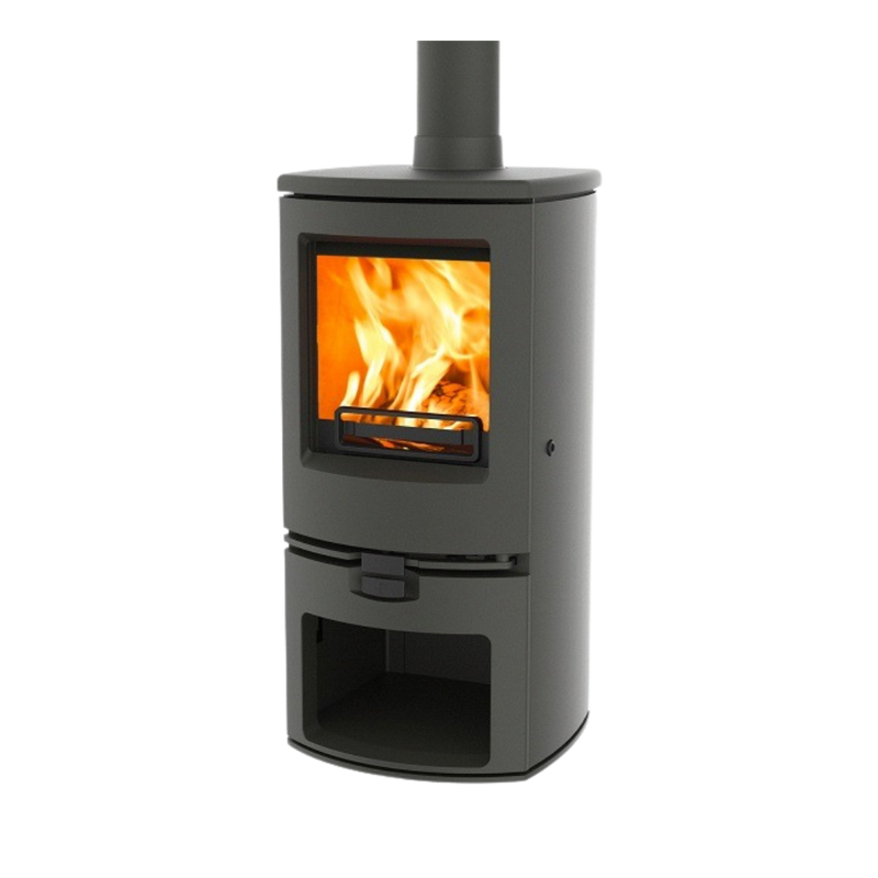 A gray Charnwood Arc 5 freestanding wood-burning fireplace with a visible flame in the center, featuring a cast iron door and a heat resistant handle.