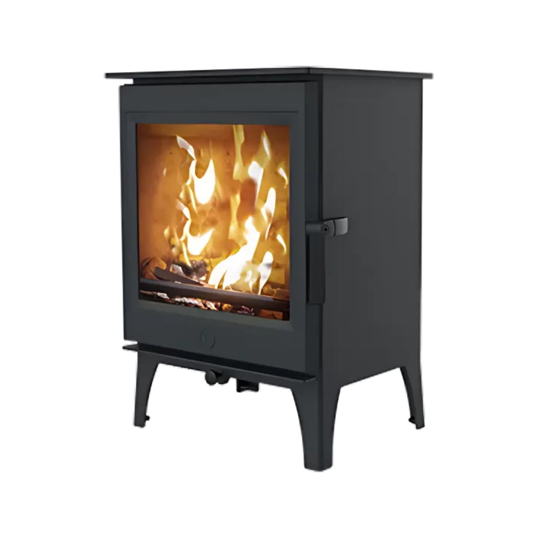 A black CHARNWOOD CRANMORE 5 wood stove with a visible fire through the glass door.