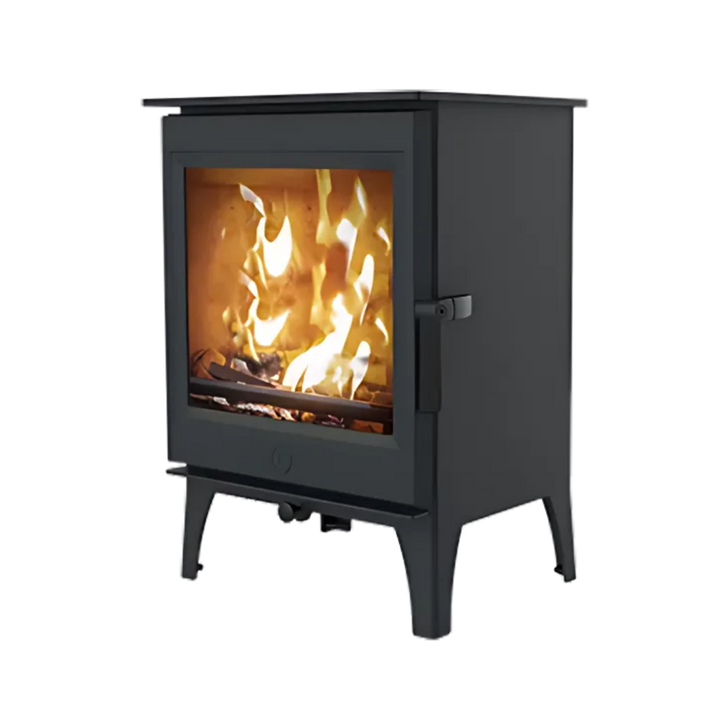 A black CHARNWOOD CRANMORE 5 wood stove with a visible fire through the glass door.