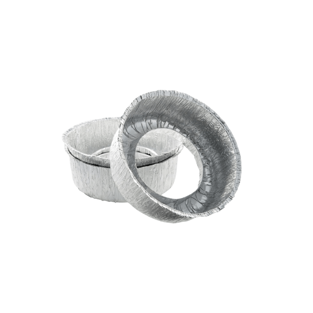 A pair of silver disposable aluminum foil sleeves for kitchen use.