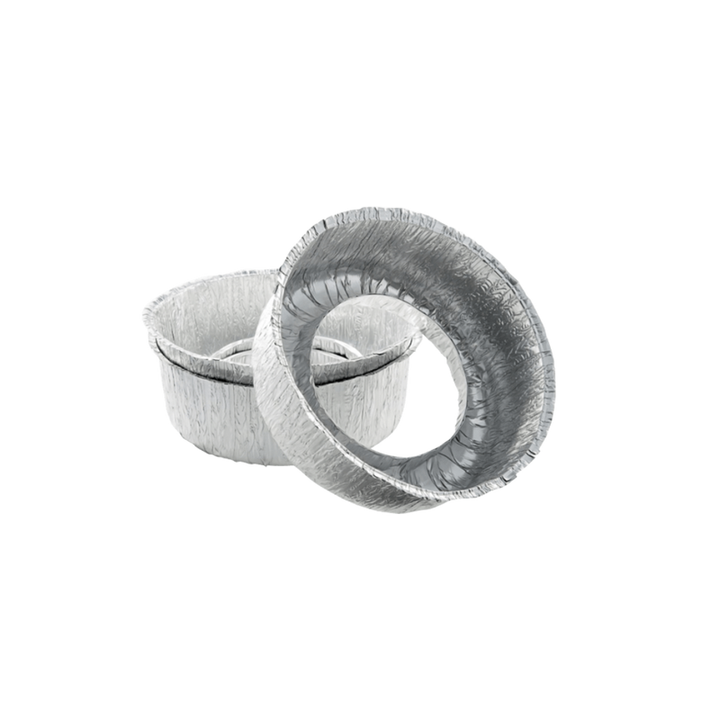 A pair of silver disposable aluminum foil sleeves for kitchen use.