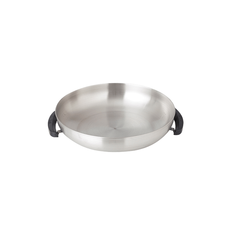 A silver frying dish with two black handles on the sides.
