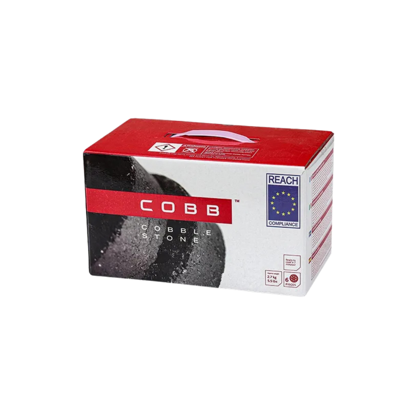 A pack of COBB brand cobblestones for outdoor grilling, with the product visible in a white and red box.