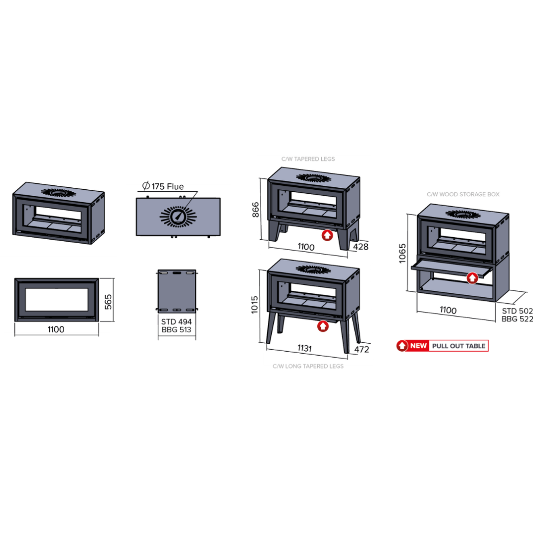 Convection fireplace unit diagrams showing airflow, dimensions, and installation notes.