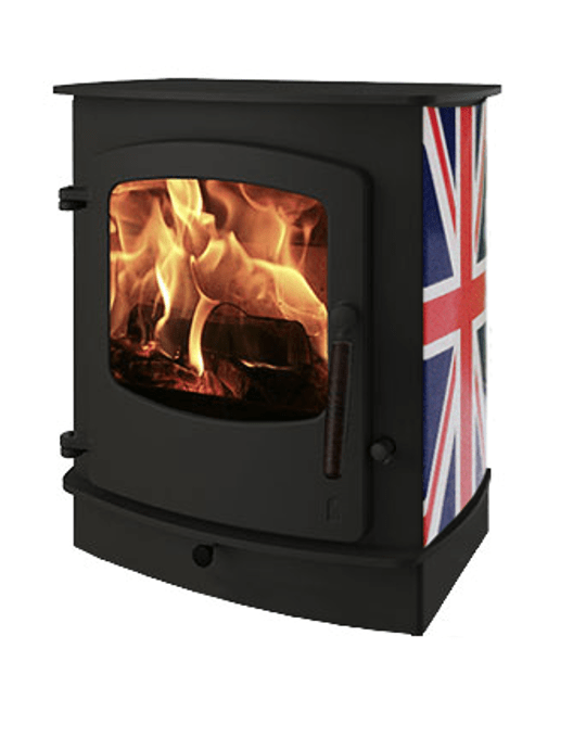 Charnwood Cove 2 wood stove with Union Jack flag