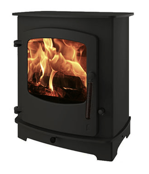 A black Charnwood Cove 2 Low wood stove with a visible fire through the glass door.