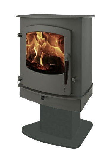 Modern Cove fireplace with pedestal stand in gunmetal