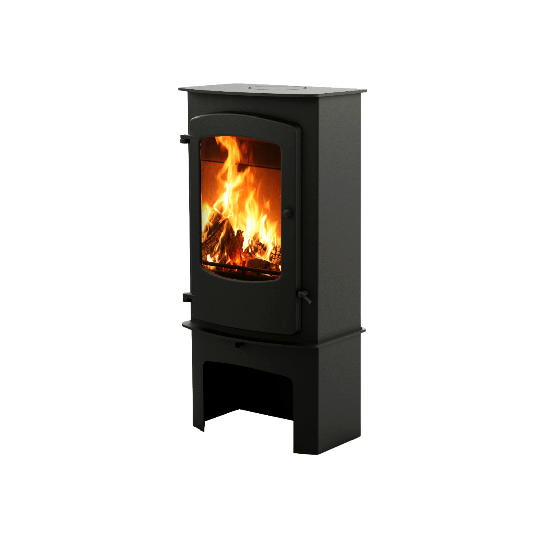 A black CHARNWOOD COVE 3 wood stove with a stand, featuring a visible fire through the glass door.
